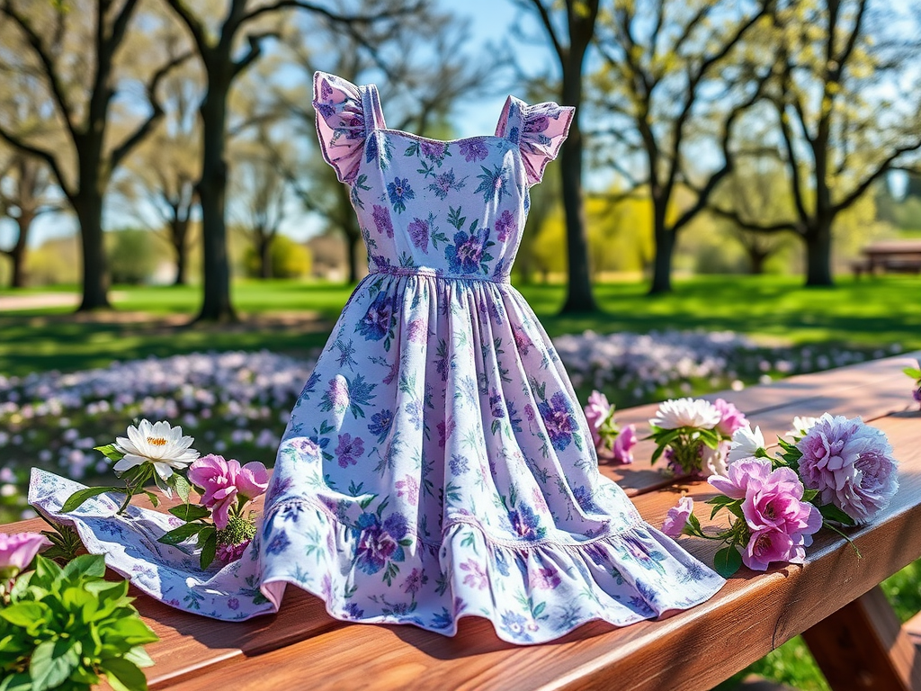 Une jolie robe à fleurs posée sur une table en bois, entourée de fleurs dans un parc ensoleillé.