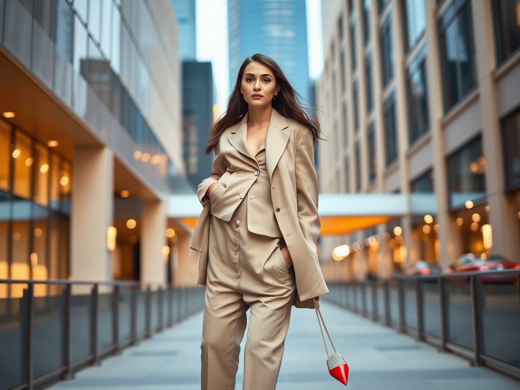 Une femme élégante en costume beige marche dans une rue urbaine, tenant un sac à main moderne.