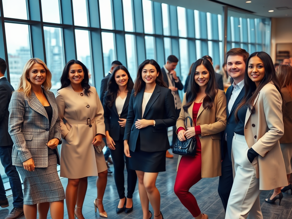 Un groupe souriant de femmes en tenue professionnelle se tient près de grandes fenêtres avec une vue sur la ville.