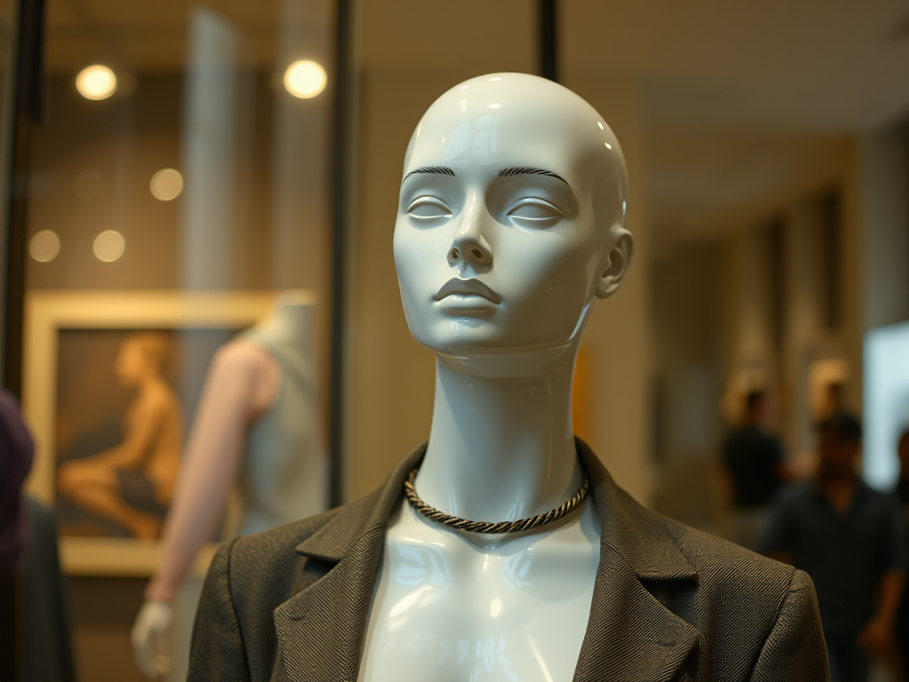 Mannequin portant un blouson avec un collier, en exposition dans une boutique moderne.