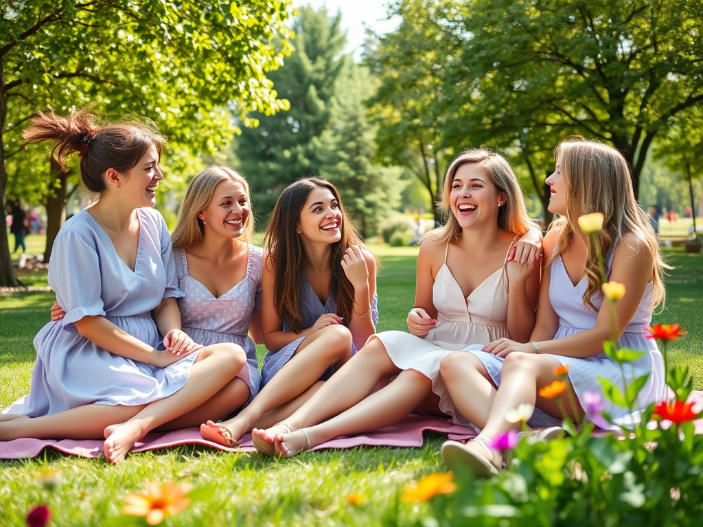 Cinq femmes rieuses assises sur une couverture, entourées d'arbres et de fleurs, profitant d'un moment ensemble.