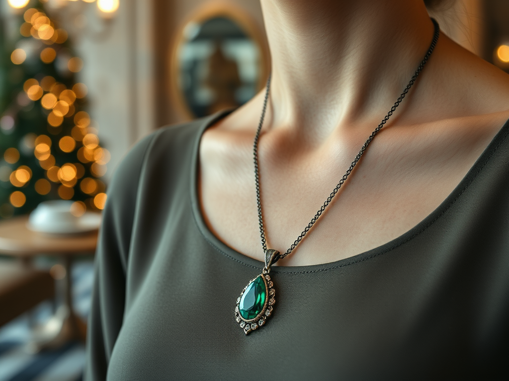 Un collier élégant avec un pendentif en forme de goutte verte, porté par une femme, avec des lumières de Noël en arrière-plan.