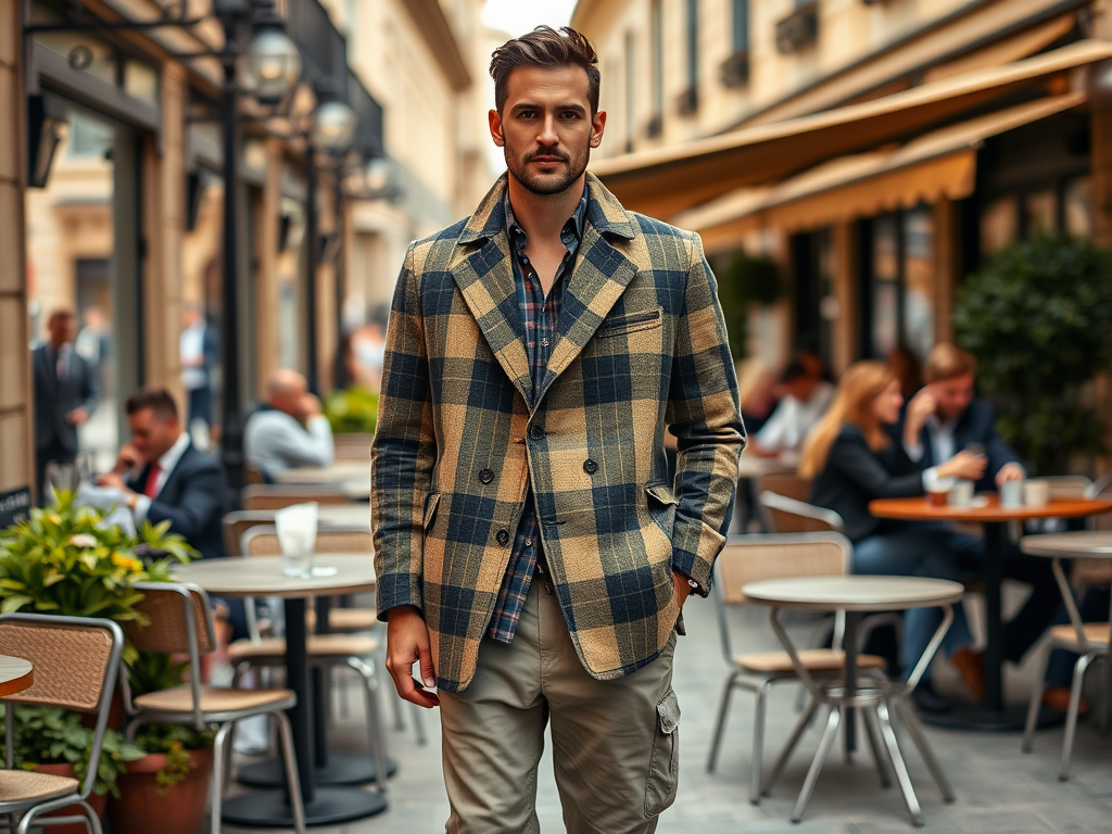 Un homme bien habillé se tient dans une rue animée, avec des tables de café en arrière-plan.
