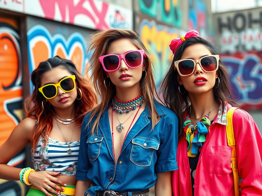 Trois femmes au style coloré portent des lunettes de soleil, devant un mur graffiti vibrant.