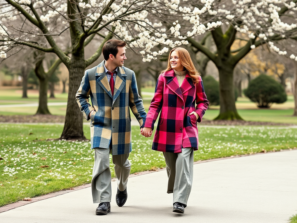 Un couple marche main dans la main, vêtus de manteaux colorés, dans un parc avec des fleurs à l’arrière-plan.
