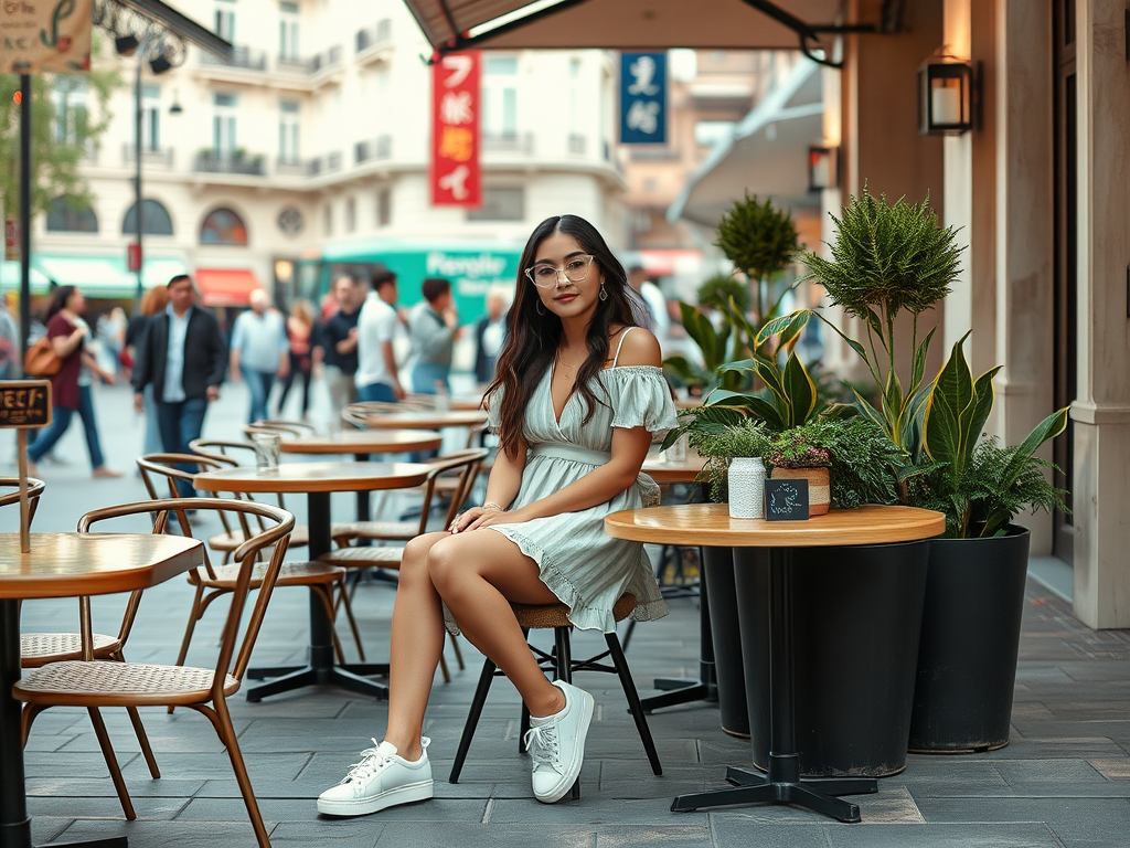Une jeune femme assise à une table de café, entourée de plantes, avec des passants en arrière-plan.