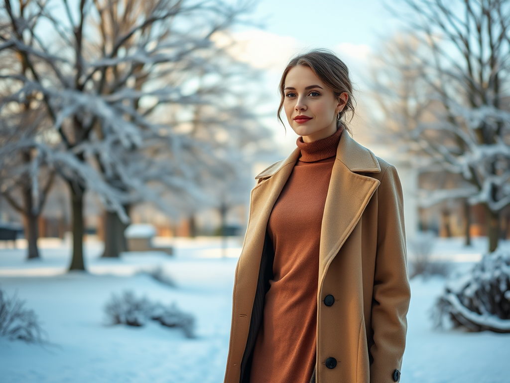 Une jeune femme en manteau clair se tient dans un paysage d'hiver, entourée d'arbres enneigés.