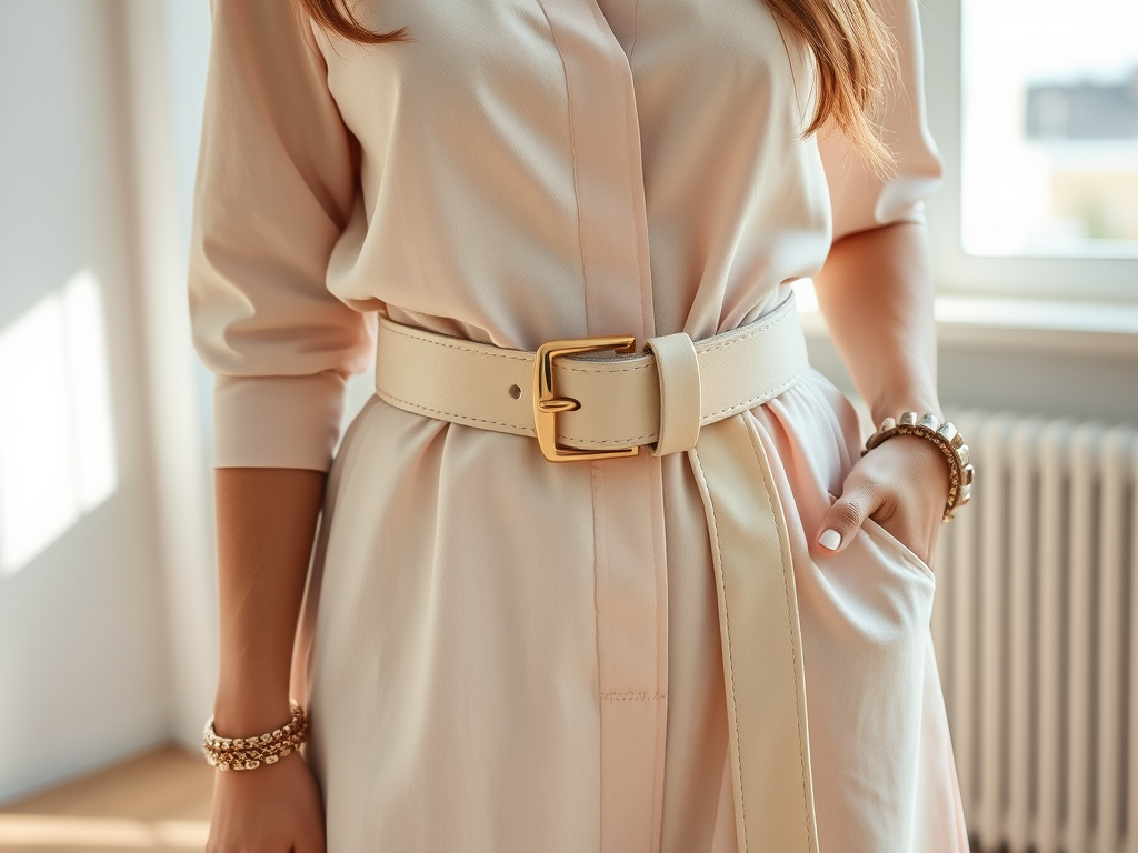 Une femme portant une robe beige avec une ceinture blanche et des bracelets. Éclairage naturel doux.