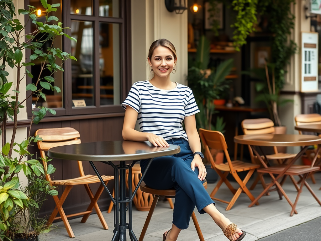 Une jeune femme souriante est assise à une table en plein air, entourée de plantes et de chaises en bois.