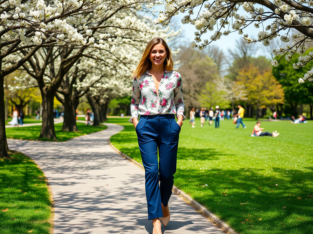 Une femme souriante se promène dans un parc verdoyant, entourée d'arbres fleuris au printemps.
