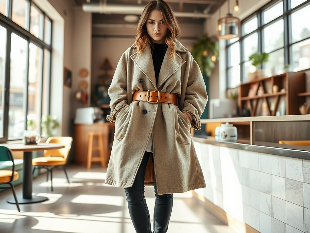 Une femme dans un café porte un trench-coat beige avec une ceinture, debout près du comptoir.