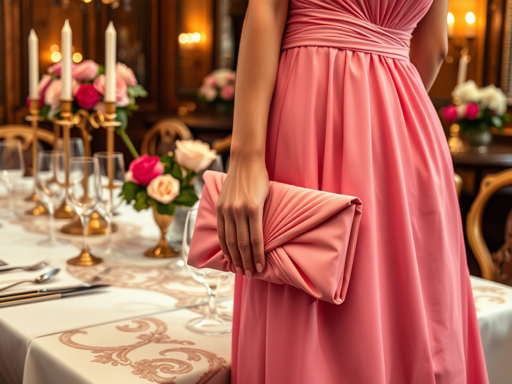 Une femme en robe rose tient une pochette assortie, devant une table élégamment dressée avec des fleurs et des bougies.