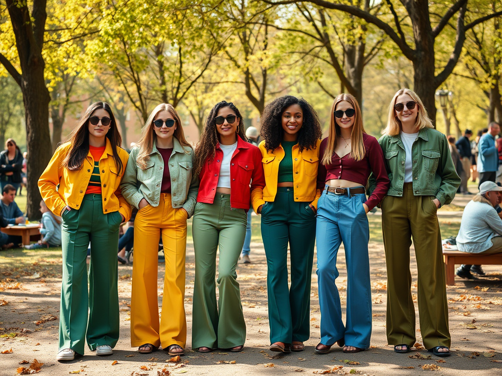 Un groupe de six femmes élégamment vêtues, souriantes, dans un parc avec des arbres en automne.