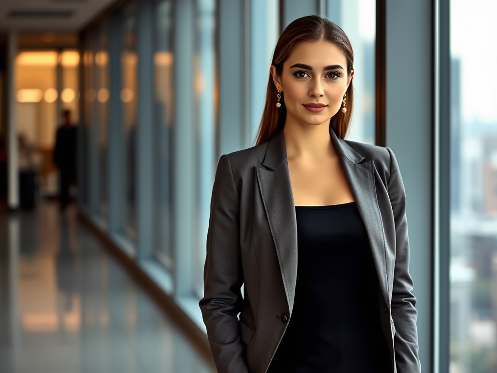 Une femme élégante en blazer gris se tient dans un bureau moderne, avec de grandes fenêtres et une vue urbaine.