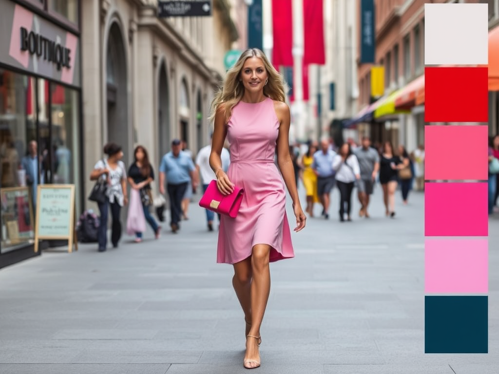 Une femme en robe rose marchant dans une rue animée, tenant un sac à main, entourée de passants.